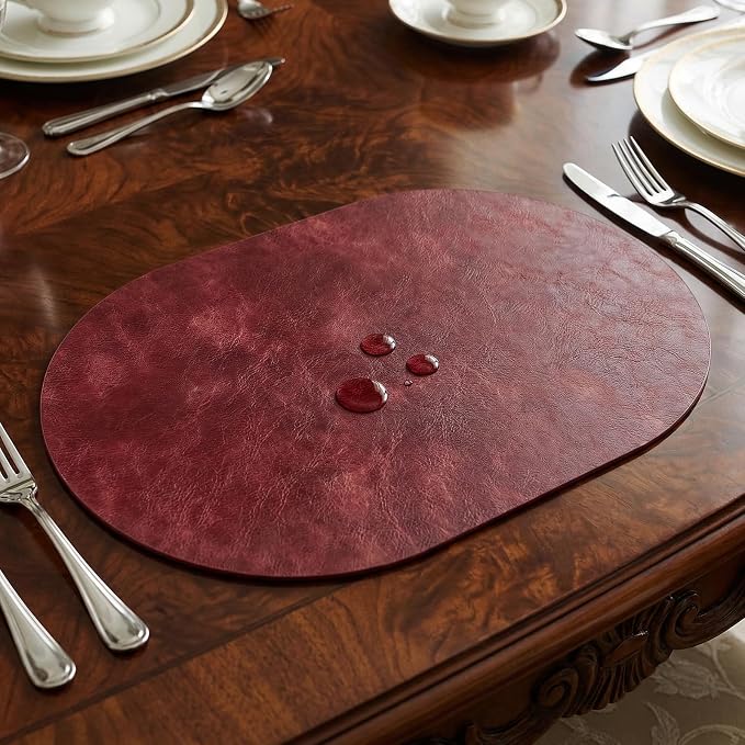Placemats, Oval Placemats 2mm Ultra Thick Faux Leather Table Mats, Heat Resistant Waterproof Wipeable Dining Mats for Kitchen Table, Set of 6, Wine Red - Image 6