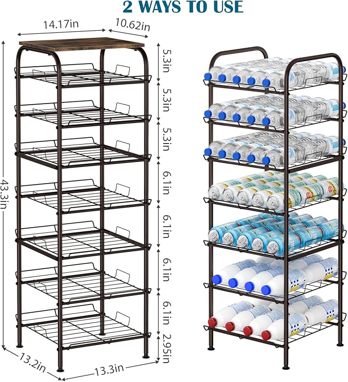 smusei Water Bottle Organizer 7 Tier Free Standing Water Bottle Storage Rack Metal Water Bottle Rack Shelf Large Capacity Bottled Water Holder Beverage Drink Stand for Kitchen Pantry Office, Brown - Image 4