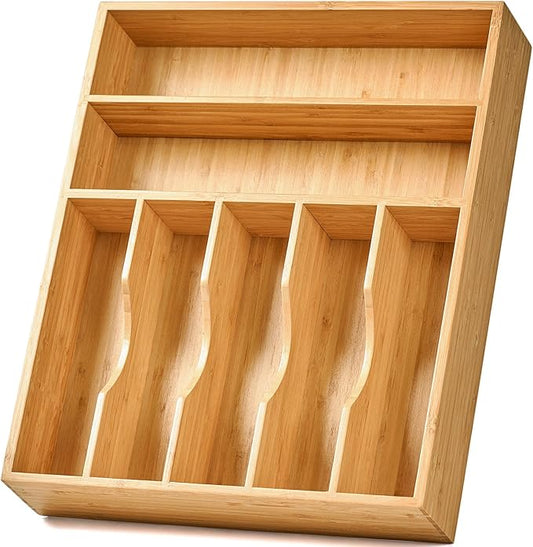 Bamboo Kitchen Drawer Organizer, 13 Inch Silverware Utensil Tray Holder, Extra Deep Grooved Drawer Divider, 7 Slots Total Bamboo Wood Caddy for Flatware Cutlery Knives, Forks, Spoons by Umilife