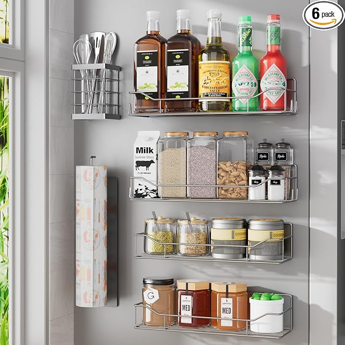 Magnetic Spice Rack for Refrigerator, 6 Pack Strong Magnet Spice Organizer with Paper Towel Holder, Utensil Holder, Moveable Magnetic Fridge Shelf for Kitchen Organization and Storage (Grey) by IYEBAU