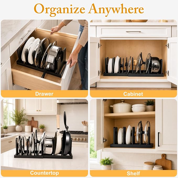 MinBoo Bamboo Expandable Pot Lid Organizer, Pot and Pan Organizer Drawer Organizer for Pot Lids, Adjustable 10 U-Shaped Dividers for Kitchen Cabinet Organizers and Storage,Black - Image 6