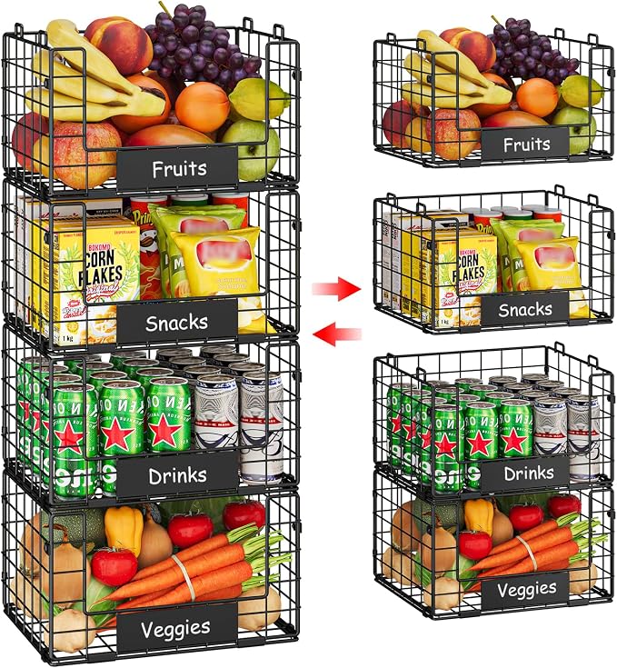 JKsmart 4 Pack XL Stackable Wire Baskets, Pantry Organizers and Storage | Pantry Baskets with Handles and Name Plates, Muti-Purpose for Snack Organizer & Vegetable Basket & Fruit Basket & Snack Rack by JKsmart