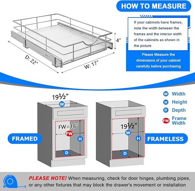 WelFurGeer Soft Close Slide Out Cabinet Shelf, 17" W x 22" D Pull Out Drawers for Kitchen Cabinets, Kitchen Shelf Organizer, Cupboard Organizers and Storage, Under Cabinet Pull Out Shelves - Image 3
