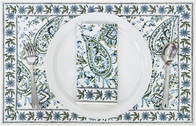 18x18 Inches Cotton Napkins Set of 4, White Green, Washable Hand Block Printed Reusable Cloth Napkins for Dinning, Party, Wedding, Home Decor Fall - Image 6