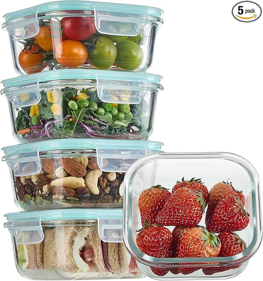 Vtopmart 5Pack 17.5oz Glass Storage Containers with Lids, Green | Glass Meal Prep Food Container Sets, Snap Airtight Lid, For Microwave, Oven, Freezer and Dishwasher, BPA Free by Vtopmart