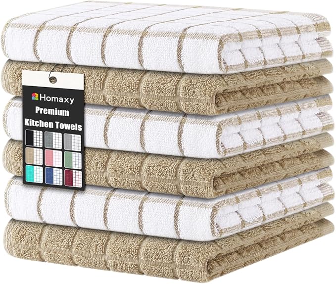 Homaxy Premium Cotton Kitchen Dish Cloths 12"x 12", 6 Pack, Tan | Natural Ring Spun 390 GSM Dish Rags, Super Absorbent Terry Dish Towels, Soft Dishcloths with Hanging Loop by Homaxy