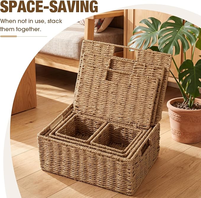 Yookeer 5 Pcs Woven Paper Rope Storage Baskets with Lid and Handles, Natural Color Large Storage Organizer with Labels, Stackable Rectangular Boho Decorative Baskets for Toys Shelves Bedroom - Image 6