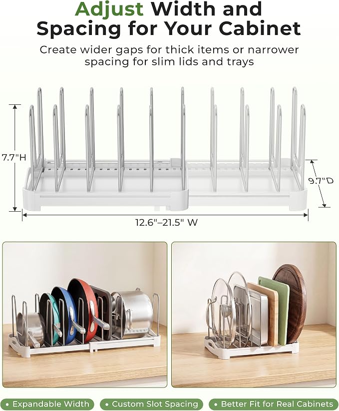 EVERIE Adjustable Cabinet Organizer for Pot Lids, Bakeware, Cookie Sheets & Cutting Boards, Upright Storage Rack for Kitchen Cabinet, Stable Dividers, 9.7" Deep, 12.6" to 21.5" Wide, GS02SS | 5mm Steel Dividers, Anti-Wobble, M-Slot for Lid Handles, BPA... - Image 7