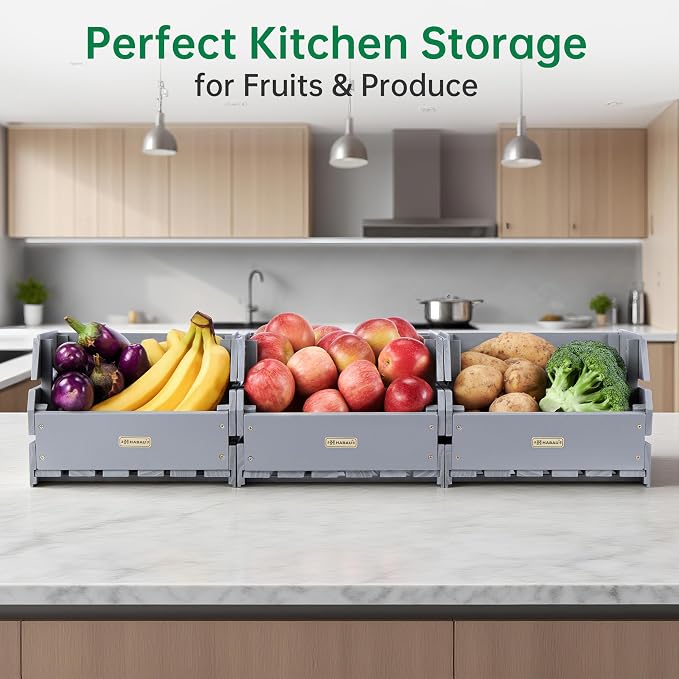 Wood Potato Onion Storage Bins - Wooden Stackable Produce Basket - Fruit Vegetable Storage for Kitchen Pantry Organization, Set 3 Pieces - Image 2