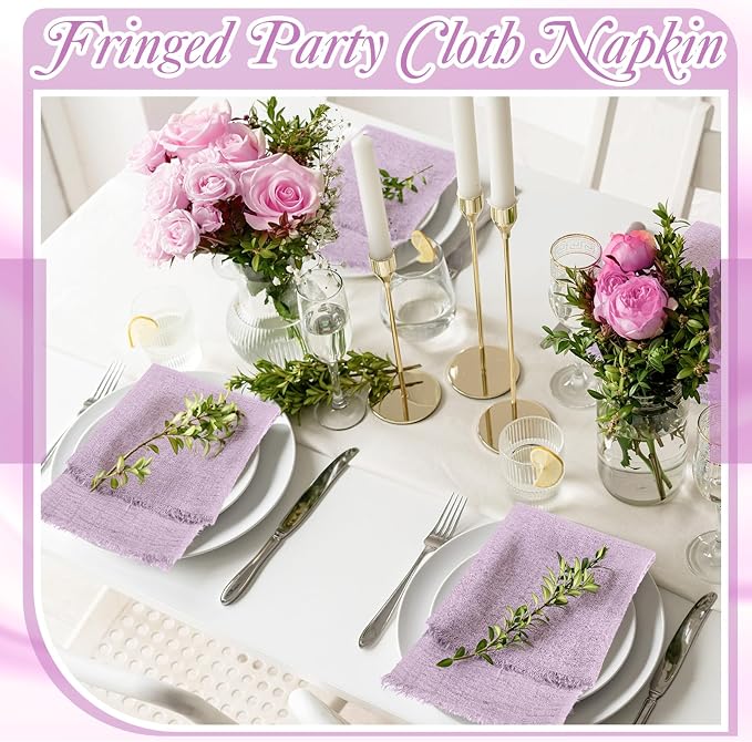 48 Pcs Cotton Linen Cloth Napkins with Fringe 16.5 x 16.5 Inch Square Rustic Dinner Linen Napkins Bulk for Wedding Party Banquet Dinner (Purple) - Image 4