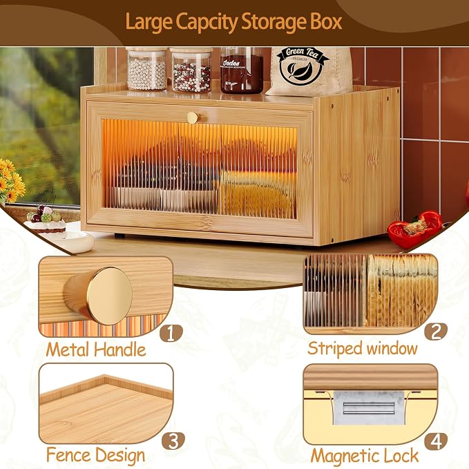 Trironsun Bamboo Bread Box with Led Light for Kitchen Counter Large Capacity Bread Storage Container Kitchen Countertop Organizer with Window Bread Holder (Natural Bamboo) - Image 9