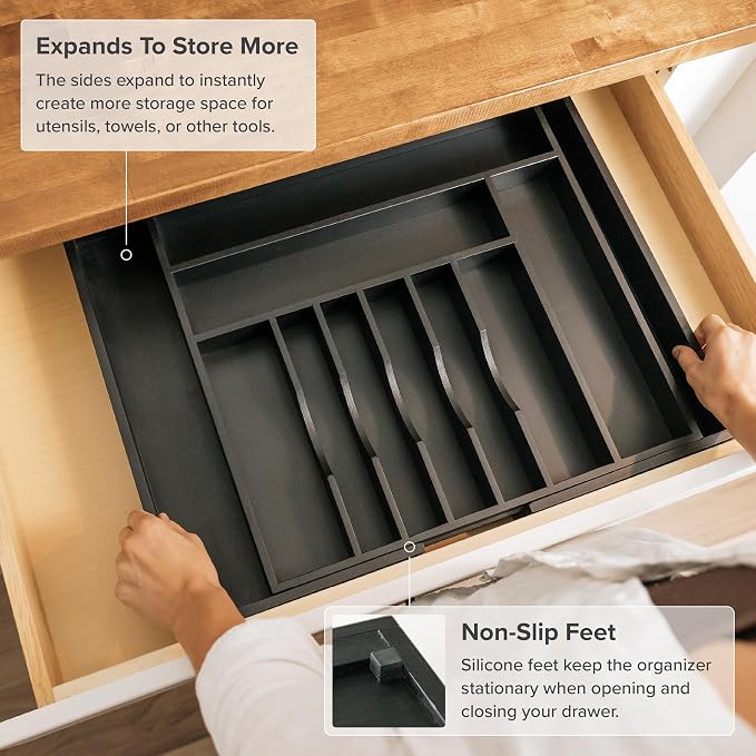 Silverware & Utensil Drawer Organizer, 18-33 in, Black Bamboo | Cutlery, flatware, food-safe contract grade, kitchen drawer fit - Image 6