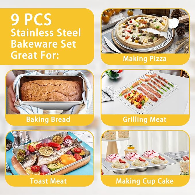 P&P CHEF 9 PCS Baking Pans Sheets, Stainless Steel Bakeware Set for Cooking | Including Toaster Oven Pan/Cooling Rack/Lasagna Pan/Round Cake Pans/Muffin/Loaf/Pizza Pan, Healthy & Dishwasher Safe - Image 4