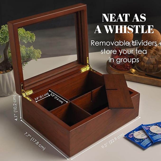 Tea Box - Luxury Wooden Tea Bag Organizer from The Apace Premier Collection - 6 Compartment Tea Storage Chest Container - Elegantly Handmade w/Scratch Resistant Window - Image 3