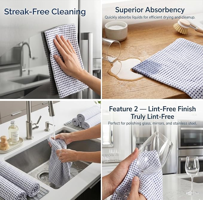 Urban Villa Christmas Dot Check Kitchen Towels Set of 6 20X30 Inches 100% Cotton Highly Absorbent Kitchen Towels Premium Quality Ultra Soft Mitered Corners Towels Iblue/White - Image 9