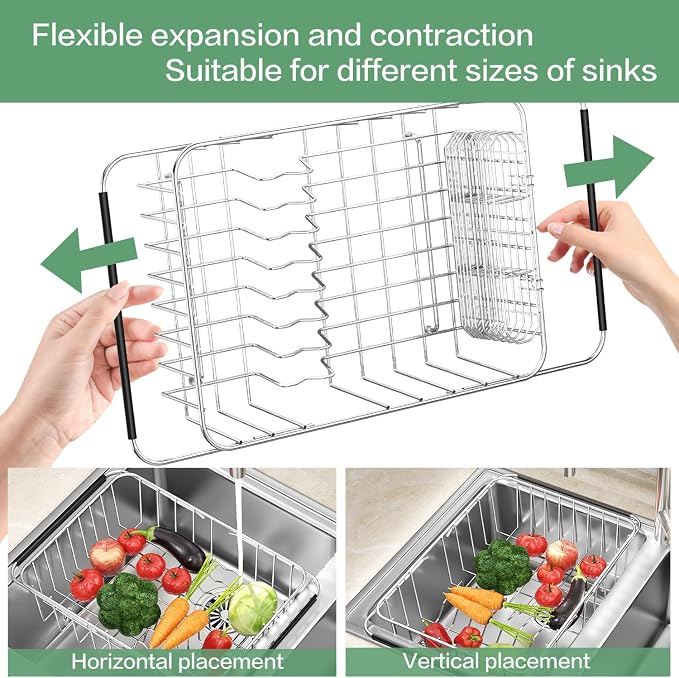 Large Sink Dish Drying Rack, Expandable 304 Stainless Steel Metal Dish Drainer Rack Organizer Shelves with Stainless Steel Utensil Holder Over Inside Sink, Rustproof - Image 6