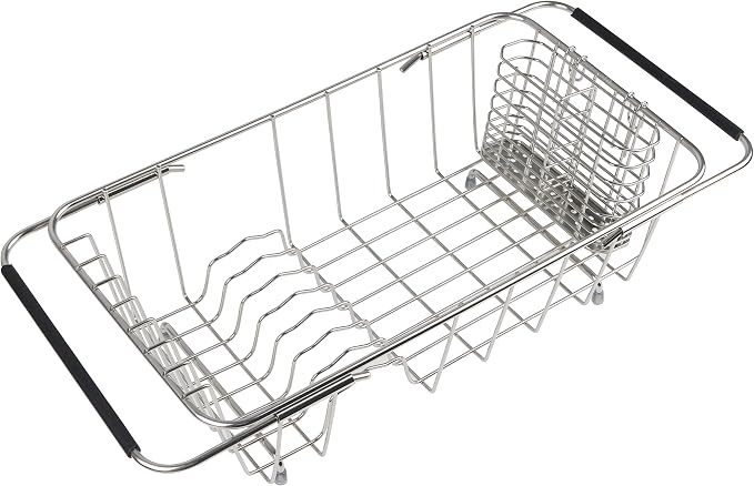 Sink Dish Drainer Rack, Expandable Stainless Steel Dish Drying Rack | 304 Stainless Steel Sink Rack with Utensil Holder, Adjustable 14.96"-20.59", Fits Inside Sink, Holds Up to 7 Upright Utensils - Image 2