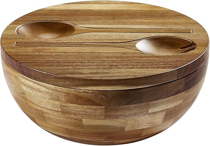 JOYMAY Salad Bowls Wood Salad Bowl Set with Lid Acacia Wood Serving Bowl for Fruits or Salads 10.5" Large Serving Bowl with Serving Utensils, 4 Piece Wooden Mixing Bowl Set for Kitchen, Picnic - Image 7