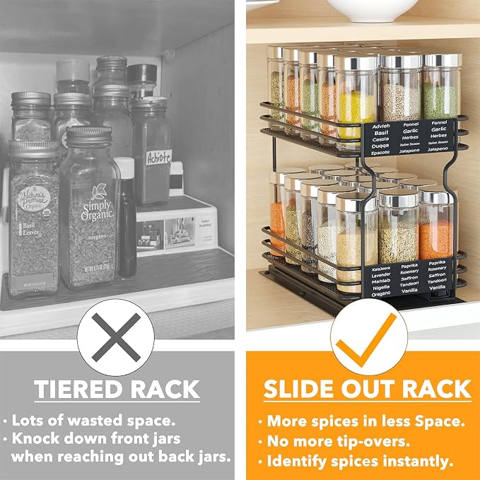 SpaceAid Pull Out Spice Rack Organizer for Cabinet, Heavy Duty Slide Out Seasoning Kitchen Organizer, Cabinet Organizer, with Labels and Chalk Marker, 6.5" W x10.75 D x8.5 H, 1 Drawer 2-Tier - Image 3