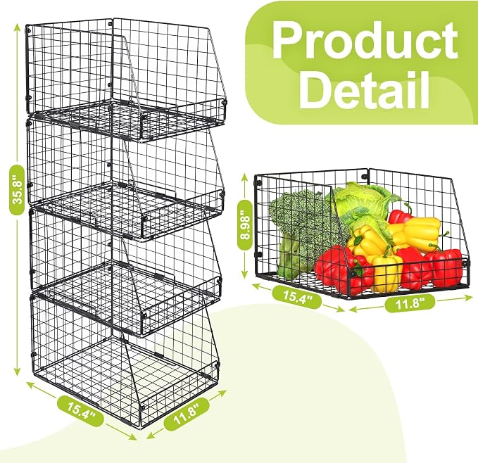Jakyitvi 4 Pack XXL Stackable Wire Storage Basket, Extra Large Capacity Pantry Organizer and Storage, Muti-Purpose for Fruit Vegetable Basket & Toy Bin & Snack Organizer - Image 7