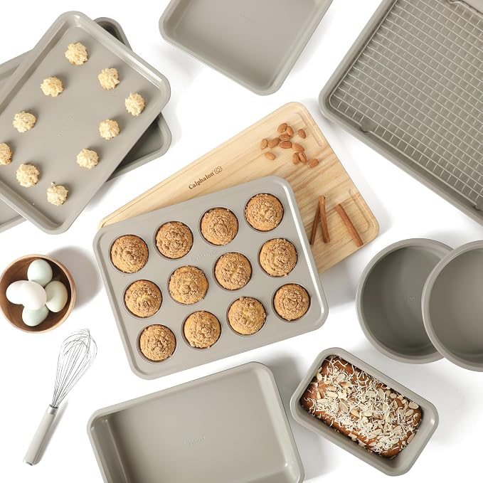 Calphalon Legacy 10-Piece Nonstick Bakeware Set, PFA-Free Nonstick Coating, Oven Safe, Includes Sheet Pans, Muffin Pan, Round Cake Pans, Loaf Pan and Cooling Rack, Cream Grey - Image 2