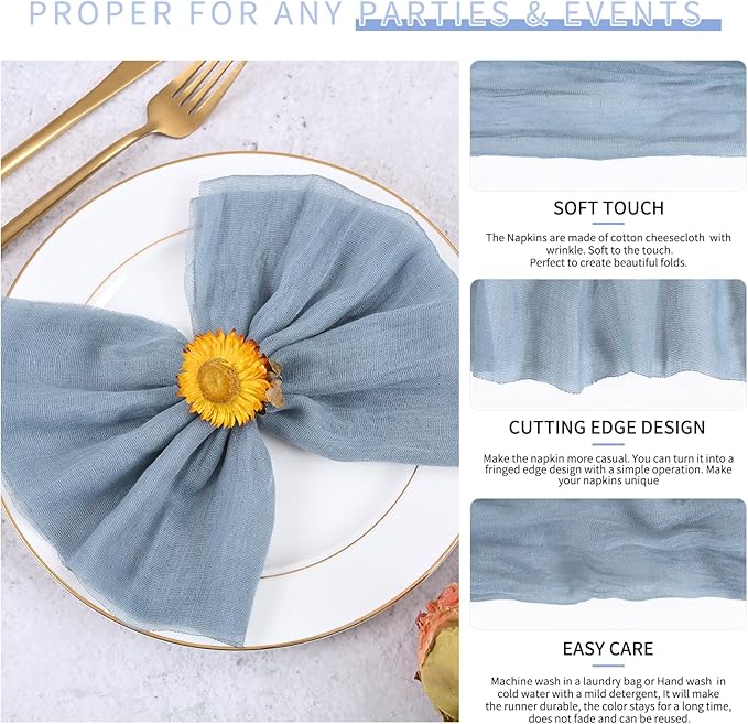 100 Pieces Cloth Napkins Dusty Blue Dinner Cheesecloth Napkins for Wedding,Wrinkled Cloth Napkins Bulk for Home Party Rustic Table Decoration, 17 x 17 Inch - Image 3