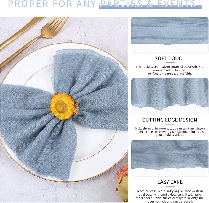 100 Pieces Cloth Napkins Dusty Blue Dinner Cheesecloth Napkins for Wedding,Wrinkled Cloth Napkins Bulk for Home Party Rustic Table Decoration, 17 x 17 Inch - Image 3