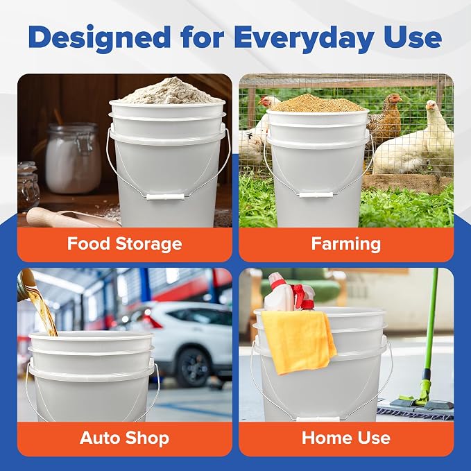 5 Gallon Bucket - Food Grade w/Lid BPA-Free, White/Black, 6 | Airtight Gamma Seal Screw-On Lid, Heavy-Duty 90 Mil HDPE Plastic, Food Safe and Durable Container, Bulk Storage, Made in USA - Image 8