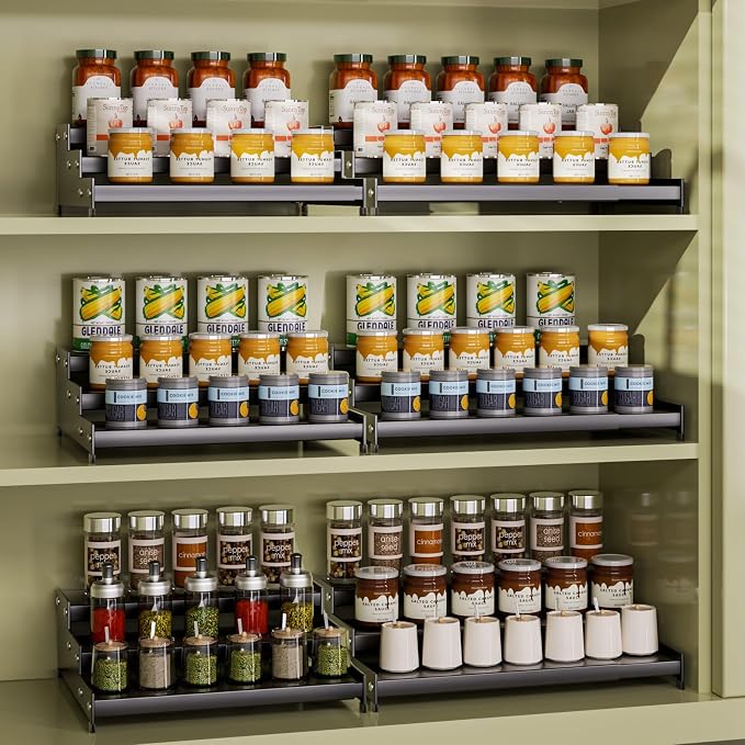 Expandable Carbon Steel Spice Rack Organizer for Pantry, Adjustable 3-Tier Ladder Shelf,Holds Up to 24 Cans,Kitchen Countertop Organizer, Rustproof Storage Rack for Spices, Cans, Sauces & Dry Goods - Image 3
