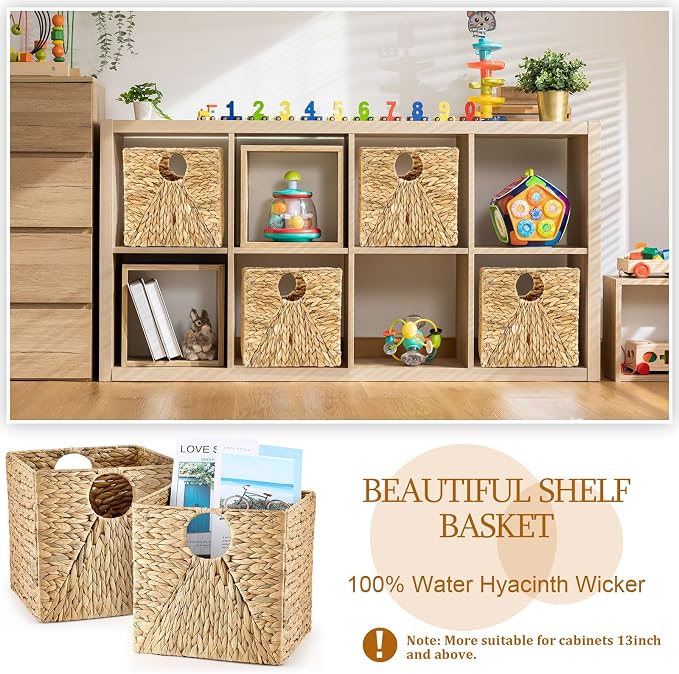 Jinei 6 Pcs Water Hyacinth Storage Baskets 12"x12"x12" Wood Color | Handwoven Wicker Bins with Handles, Wicker Cube Baskets Bulk for Shelves Organizer Laundry, Closet Bedroom - Image 6
