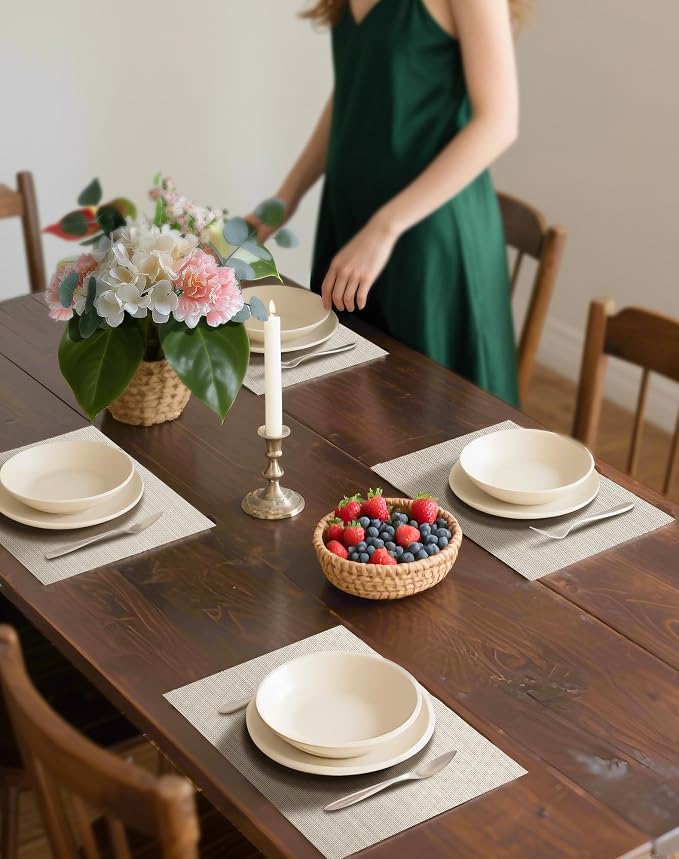 Leetaltree Beige White Placemats Set of 4 - Heat Resistant Non-Slip Place mats for Dining Table, Washable Durable PVC Vinyl Woven Table Mats(Beige White, 4) - Image 3