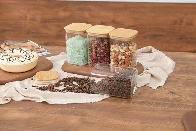 D2scrma 37oz Airtight Glass Square Storage Canister with Bamboo Lid Set of 4 (1100ml) Container Stackable Jar, Kitchen Canister for Pantry Noodles, Flour and Coffee beans (‎with Black Lable) - Image 8