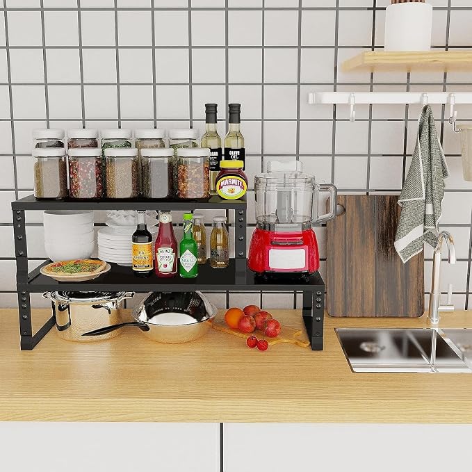Jojocross Expandable Cabinet Shelf Organizer Storage Spice Rack Shelves for Kitchen Stackable Adjustable Pantry Cupboard Bathroom Countertop Desktop(2Packs/Black/Large) - Image 2
