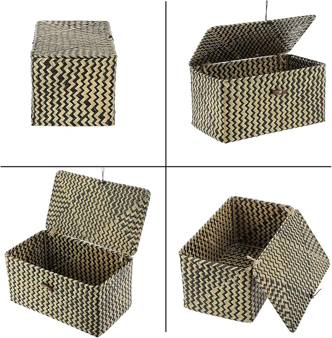 Hipiwe Wicker Shelf Baskets with Lid Seagrass Storage Baskets Handwoven Household Organizer Rectangular Woven Organizer Box for Storage Shelf Wardrobe,Medium - Image 7