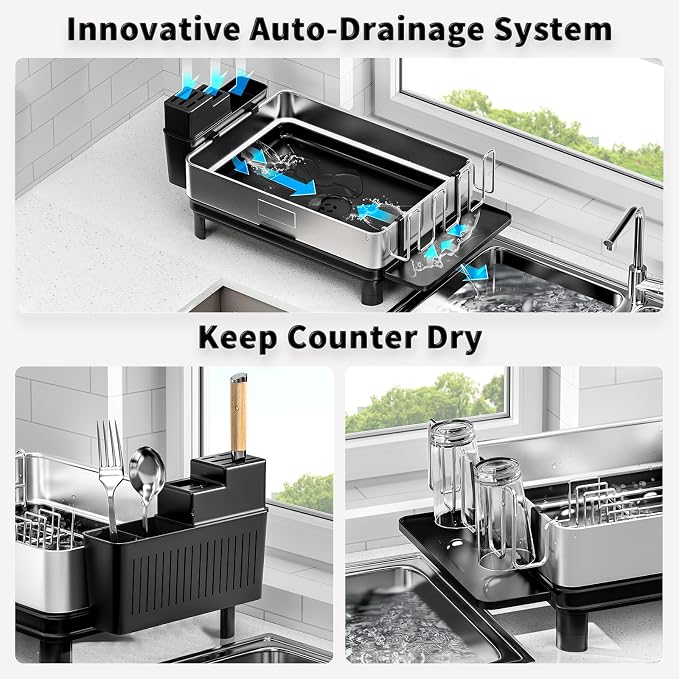 Dish Drying Rack, 304 Stainless Steel Dish Racks for Kitchen Counter | Dish Drainers with Automatic Drainage, Utensil Holder & Cups Holder, Space Saving Kitchen Organizer, Black - Image 4