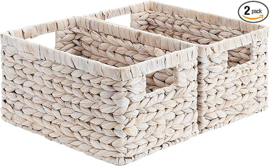 StorageWorks Wicker Storage Baskets for Shelves,White Wicker Baskets,2-Pack | Water Hyacinth Pantry Baskets, Wicker Storage Baskets for Organizing, Pantry Organizers and Storage,White Baskets for Storage by StorageWorks
