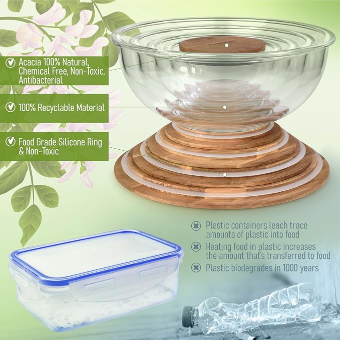 Set of 5 Nesting Glass Bowls with New Updated Acacia Lids for Foodprep, Storage, Mixing & Cooking - Microwave & Oven-ready BPA Free Durable Heat Resistant Inert Borosilicate Glass - Image 7