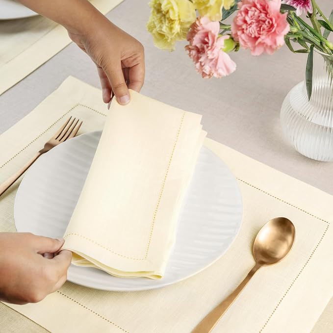 Signature Linen™ by D'Moksha Ivory Dinner Napkins Set of 8, 20 x 20 Inch Cloth Napkins, 100% Pure Linen, Hemstitch, Machine Washable Table Napkins- Summer, Weddings, Outdoor hostings - Image 2