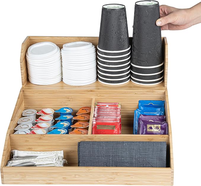 Restaurantware Coffee Cup Organizer 15 x 14.25 x 9.25 Inch Multipurpose Bamboo Condiment Holder Brown Countertop Cup and Lid Organizer for Coffee Shops and Office Break Rooms - Image 13