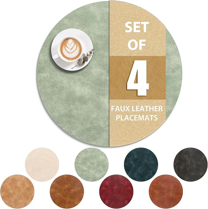 ADRIMER Placemats, Heat Resistant Round Placemats Set of 4 Washable, Waterproof Table Mats, Wipeable Faux Leather Place Mats for Kitchen, Dining Room, Green by Adrimersdreamistobeanindispensablecompanioninyourlife