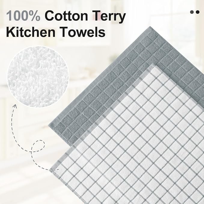 Homaxy Large Premium Cotton Kitchen Towels 16"x 28", 8 Pack, Grey | Natural Ring Spun 390 GSM Dish Towels, Super Absorbent Terry Kitchen Hand Towels, Soft Tea Towels with Hanging Loop - Image 2