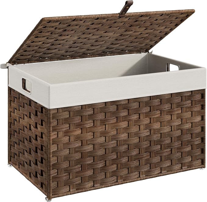 HOOBRO Storage Basket with Lid, 17.2 Gallon (65L) Wicker Basket, Handwoven Blanket Storage Basket with Handles, Metal Frame and Soft Lining, Foldable for Bedroom, Laundry Room, Brown BR265CW01 by HOOBRO