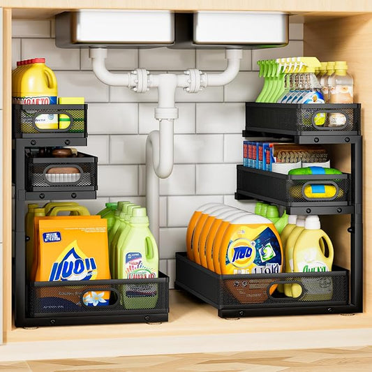 Under Sink Organizer 3 Tier, 4 Pack L-Shaped Pull-Out Cabinet Organizer with Sliding Metal Mesh Drawers, Height Adjustable Under Sink Storage Rack for Kitchen Bathroom Cabinet, Black by AURIKAR