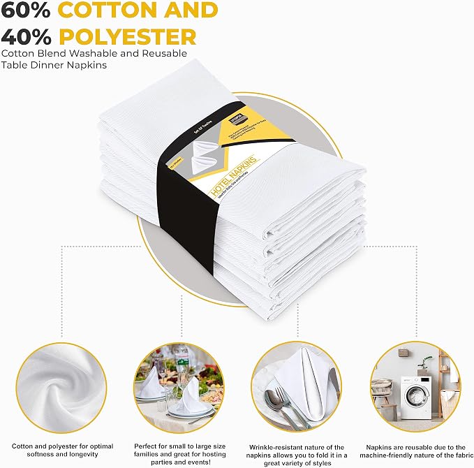 Bulk Pack-288 Hotel Cloth Napkins, 18"x18", Wrinkle Resistant, White | High Volume Cotton Blend Collection for Restaurants, Catering & Event Venues, Washable & Reusable - Image 3