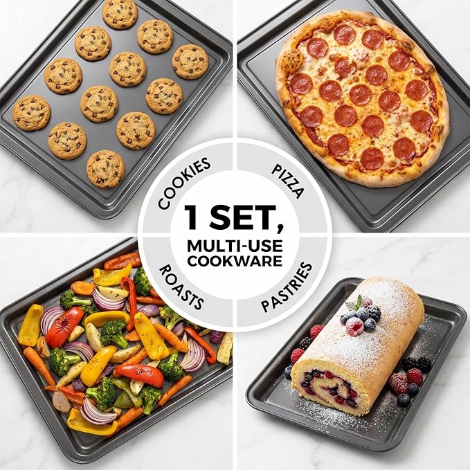 Non-Stick 3-Piece Baking Pan Set – Carbon Steel with Even Heat Distribution, Oven Safe to 446°F, BPA-Free, Dishwasher Safe, Stackable Baking Tools for Easy Storage and Everyday Cooking - Gray - Image 5