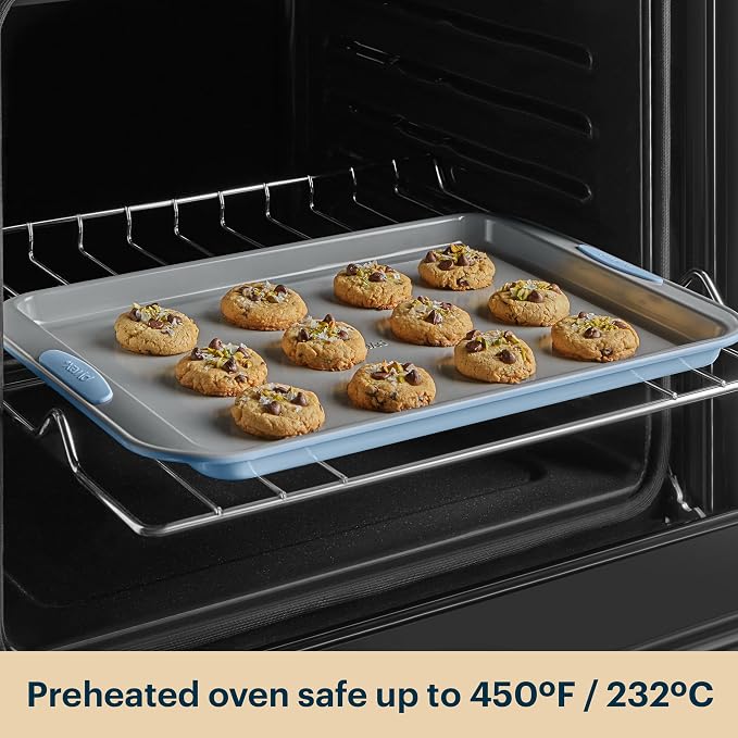 Pyrex 3-Piece Metal Cookie Sheet Bakeware Set, Cerulean | Lightweight stainless steel baking trays with heatsafe silicone handles, made without PFAS, mercury, lead, cadmium & BPA - Image 7