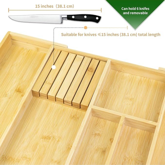 VaeFae Bamboo Silverware Drawer Organizer, 6 Slots, Natural | Expandable, Kitchen Utensil Organizer, Removable Knife Block, Cutlery Tray with Divider, Fork and Spoon Holder - Image 4
