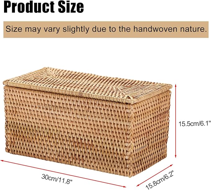Hipiwe Rattan Basket Storage Box with Lid Handwoven Lidded Wicker Baskets | Decorative Baskets Bin Rectangular Household Baskets for Shelf Organizing Home Decor, 11.8"Lx6.2"Wx6.1"H - Image 2