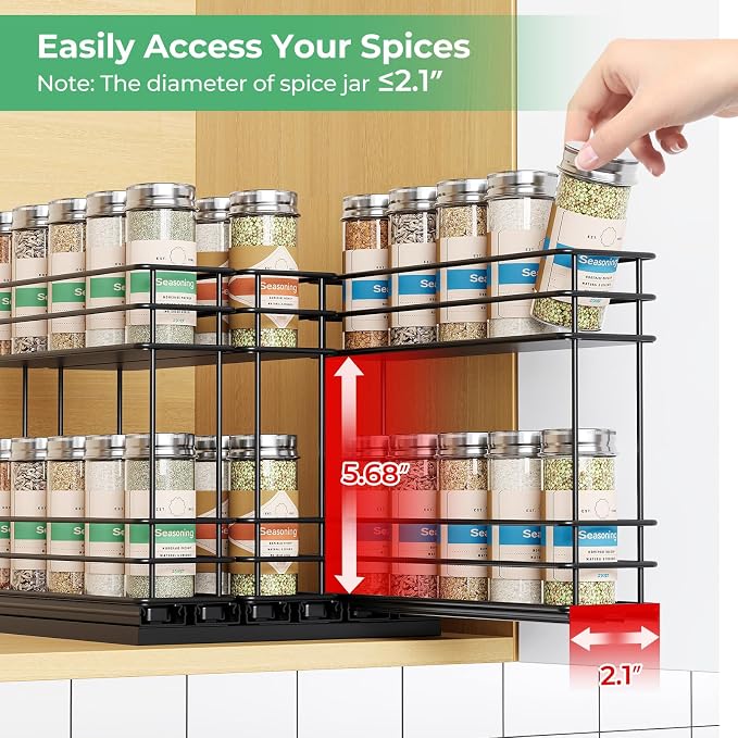 Mystozer Pull Out Spice Rack Organizer for Cabinet, Slide Out Spice Racks, Easy to Install Spice Cabinet Organizers, 7.4" Wx10.43 Dx8.26 H, 3 Drawers 2 Tiers(Black) - Image 6