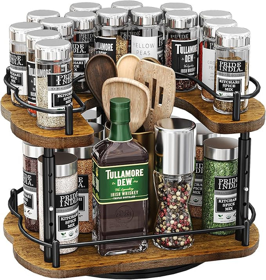 Lazy Susan Organizer Spice Rack - Spice Organization for Cabinet Height Adjustable Rotating Lazy Turntable, Pantry Kitchen Wood Revolving Seasoning Organizer (Vintage, 12 Inch) by SNTD